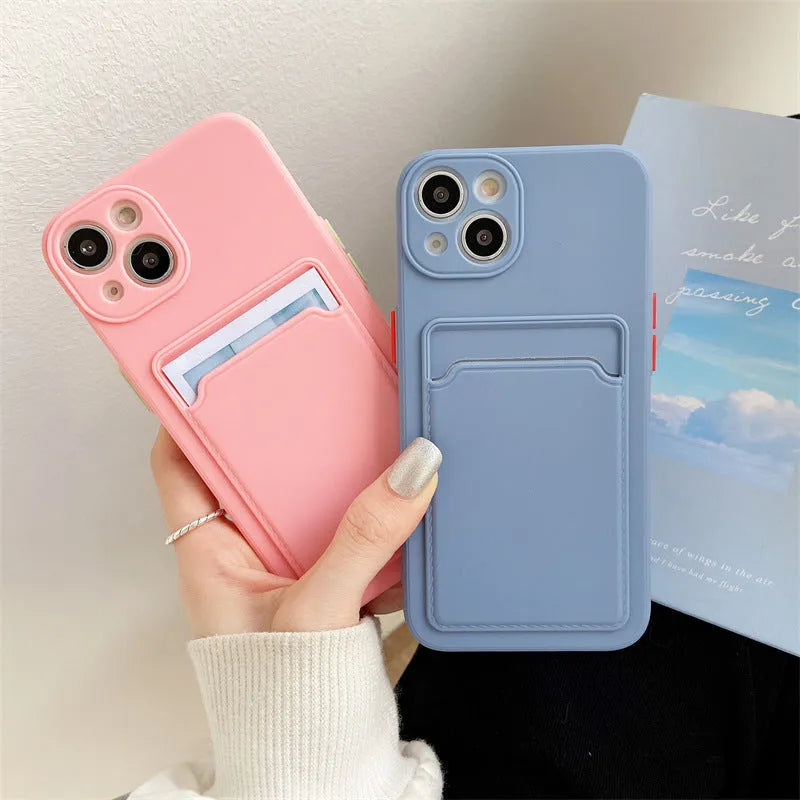 Sky blue colour blocking TPU silicone iPhone case with an integrated card slot.