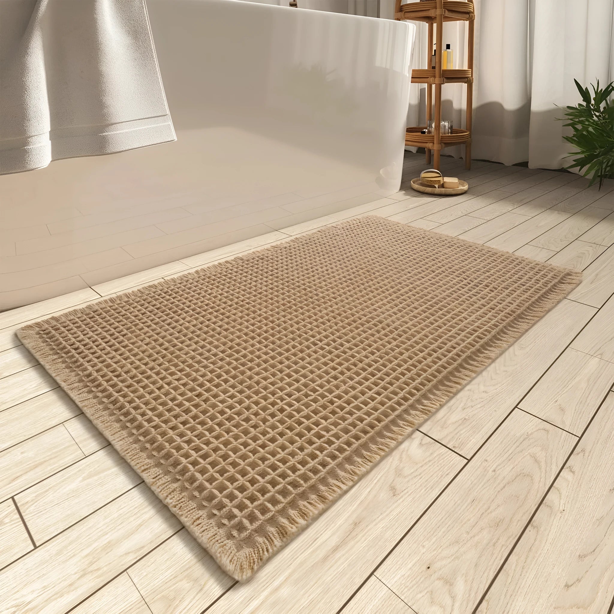 Square checkered pattern non-slip bathroom floor carpet on a tiled floor