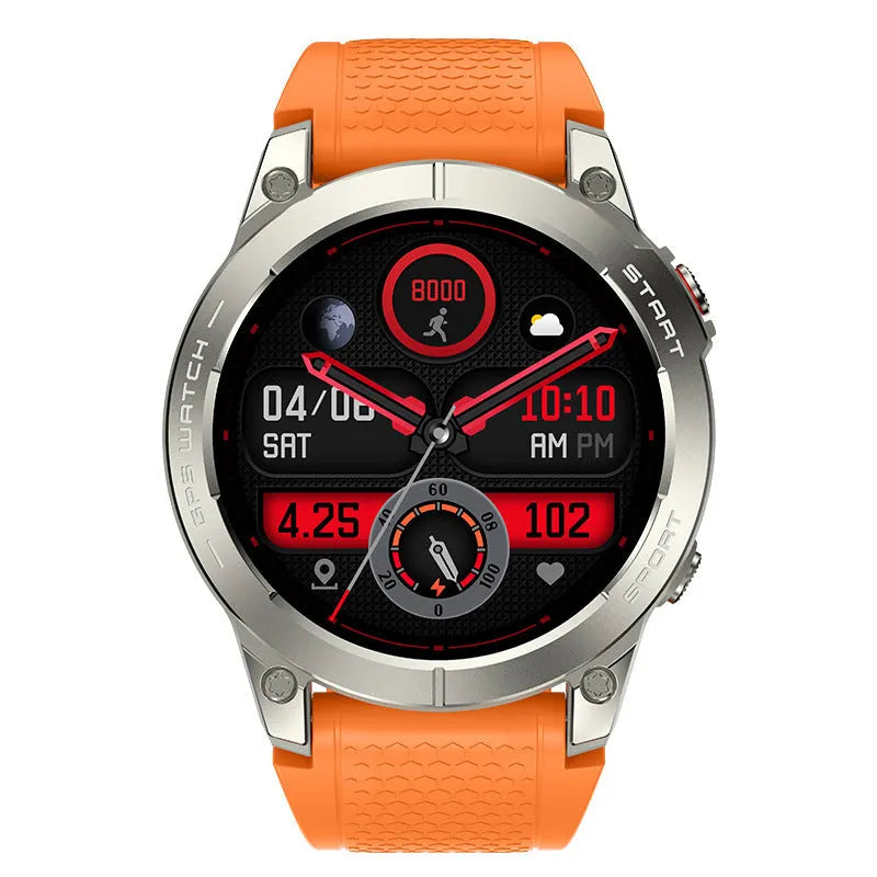 S53 outdoor GPS sports smart watch with black zinc alloy frame and silicone wristband showing 1.43-inch IPS display