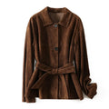 Women's caramel mocha cashmere coat with a peter pan collar and decorative leather stitching.