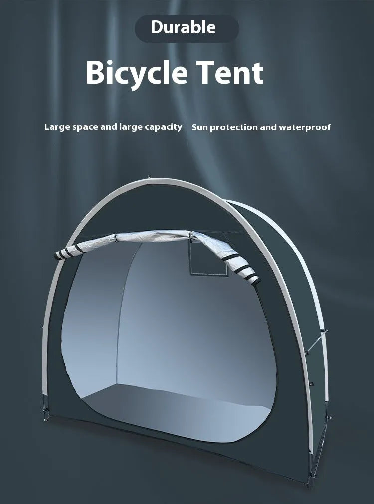 Black outdoor bicycle storage tent showing roof design for 2-3 bike weather protection
