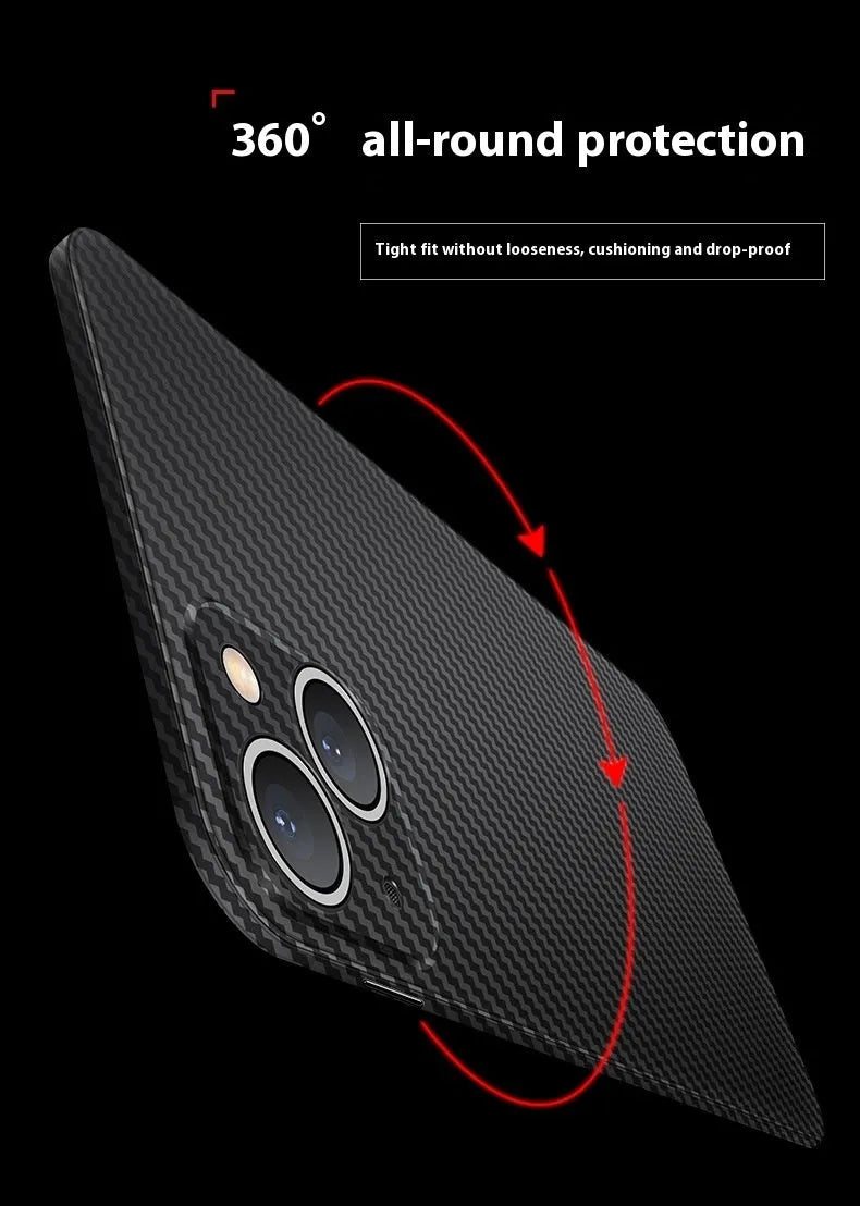 Black ultra-thin hard shell phone case with carbon fibre grain finish and anti-fingerprint PP rear cover.