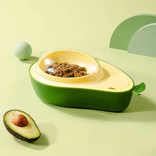 Green avocado-shaped automatic cat water dispenser and food bowl with slow feeder insert