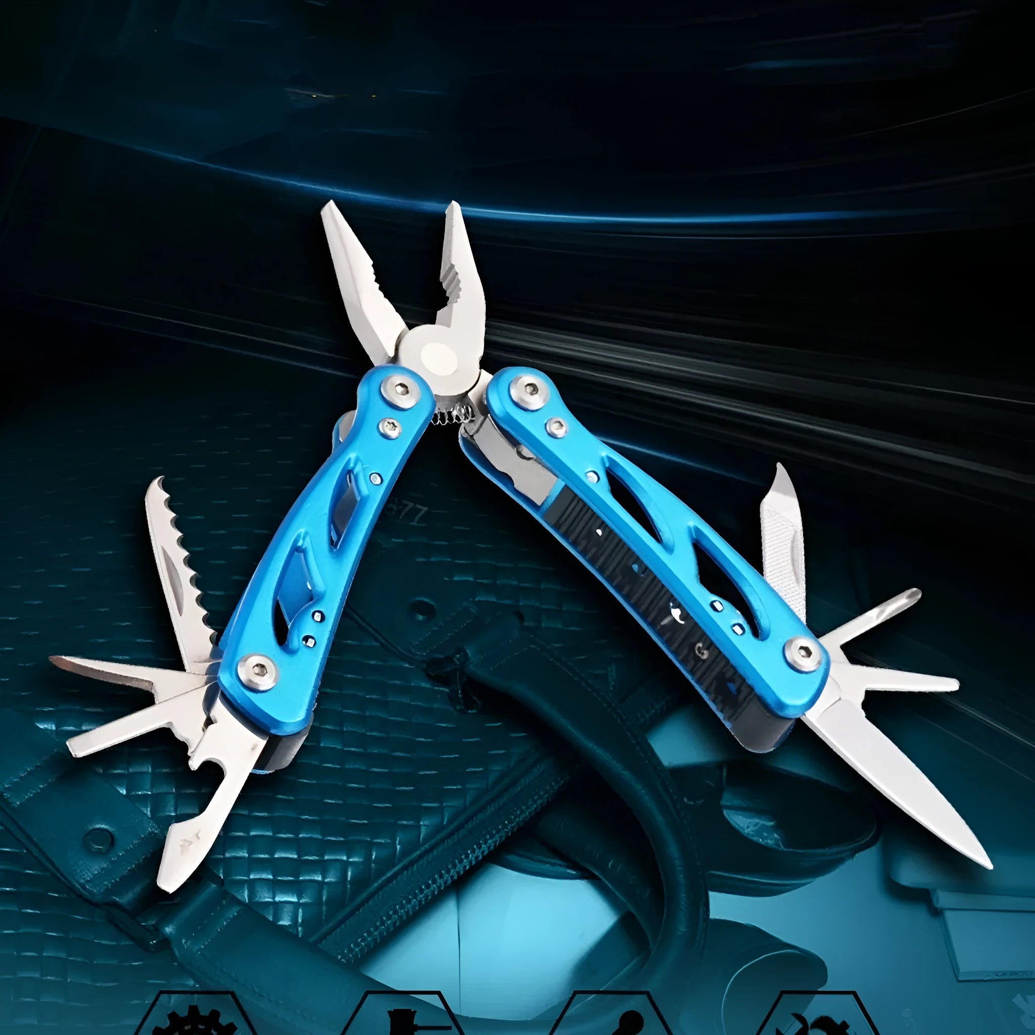 Blue stainless steel multi-function pliers and fruit knife tool folded, shown with its Oxford storage bag.