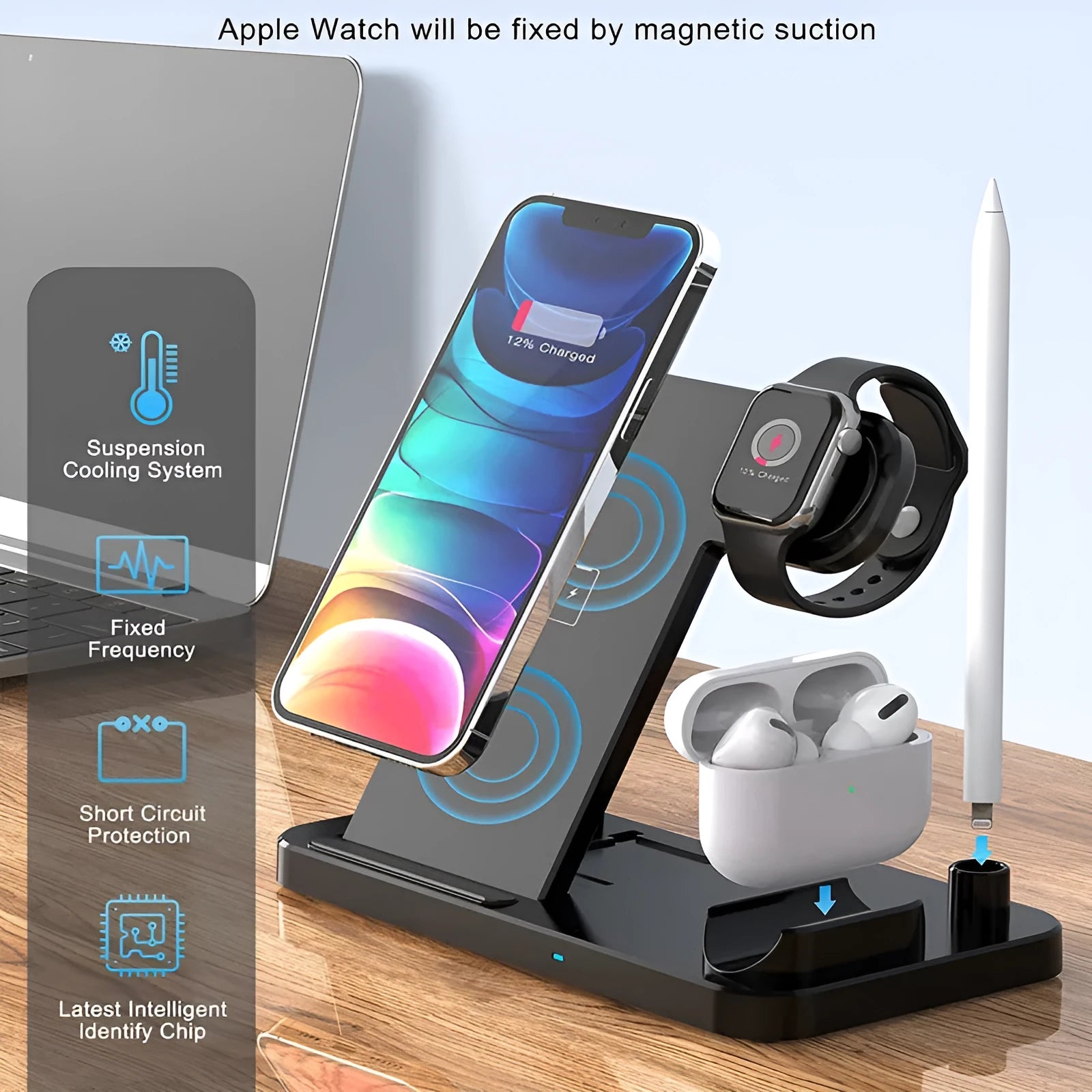 Black four-in-one wireless charging station with QC3.0 fast charging head for multiple devices