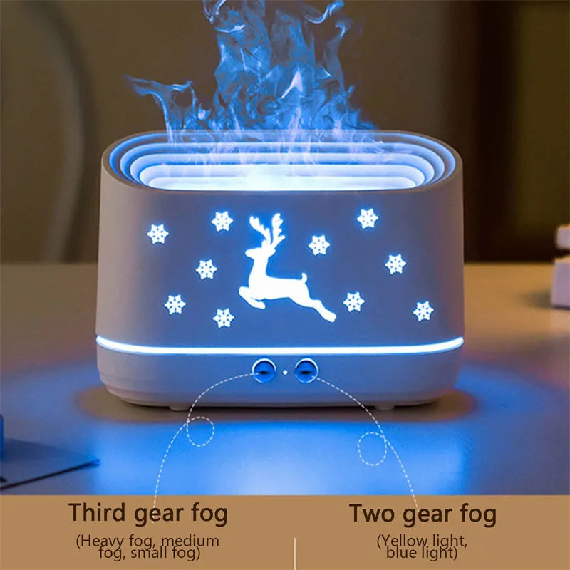 White round Elk flame effect humidifier diffuser with mist and LED light on a surface.