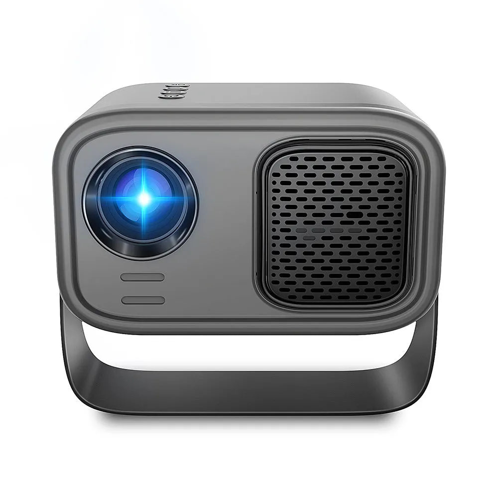 Black portable HD projector with Android system showing presentation on wall