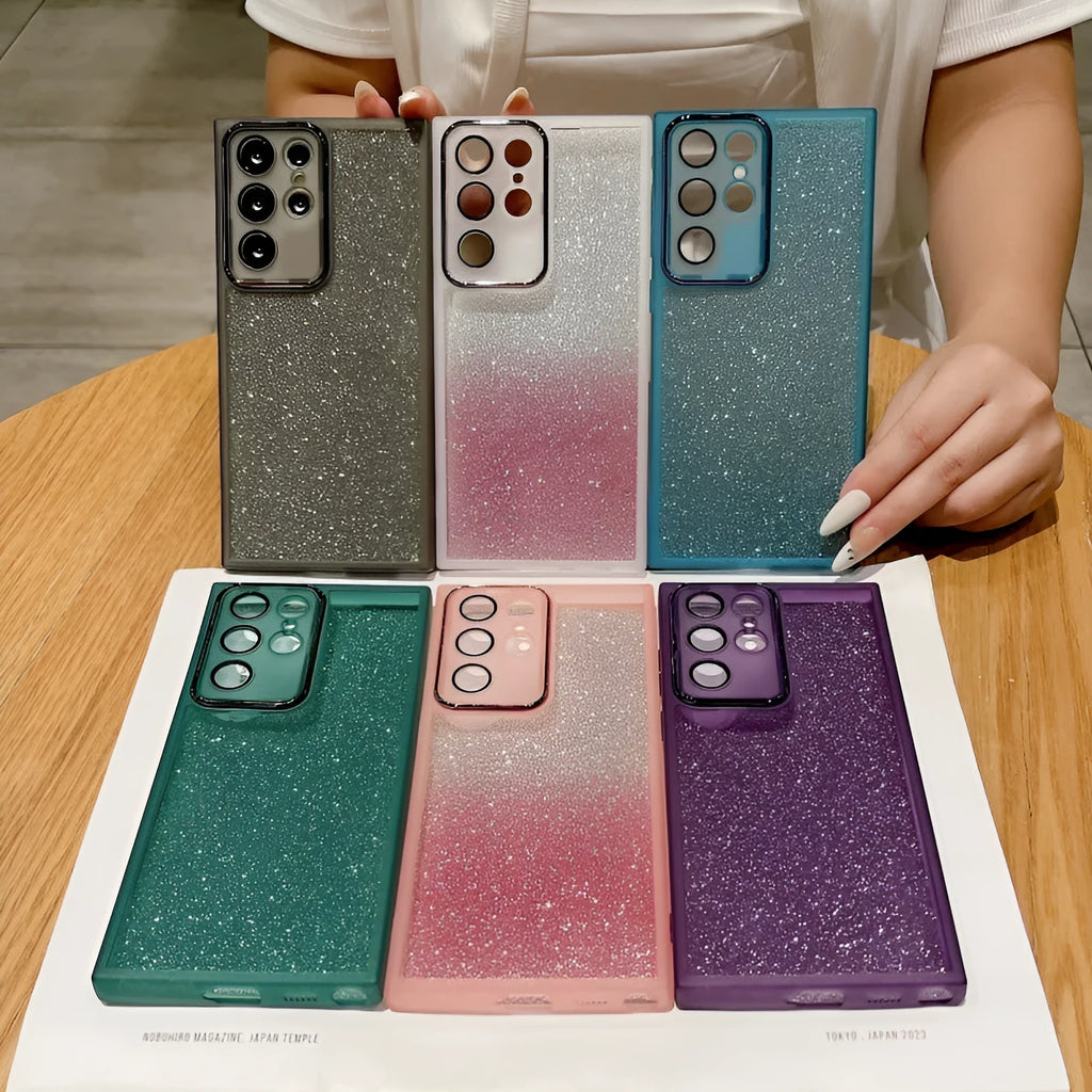 Glitter TPU Samsung phone case with photo frame and fall protection, shown in multiple colours