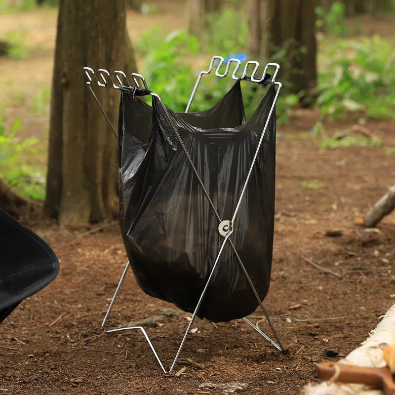 Silver folding garbage bag bracket made from stainless steel for camping and household waste management