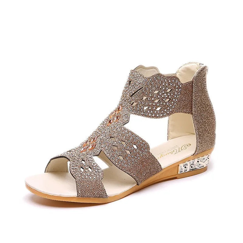 Women's open toe flat sandals with rhinestone hollow decoration and back zipper in beige colour