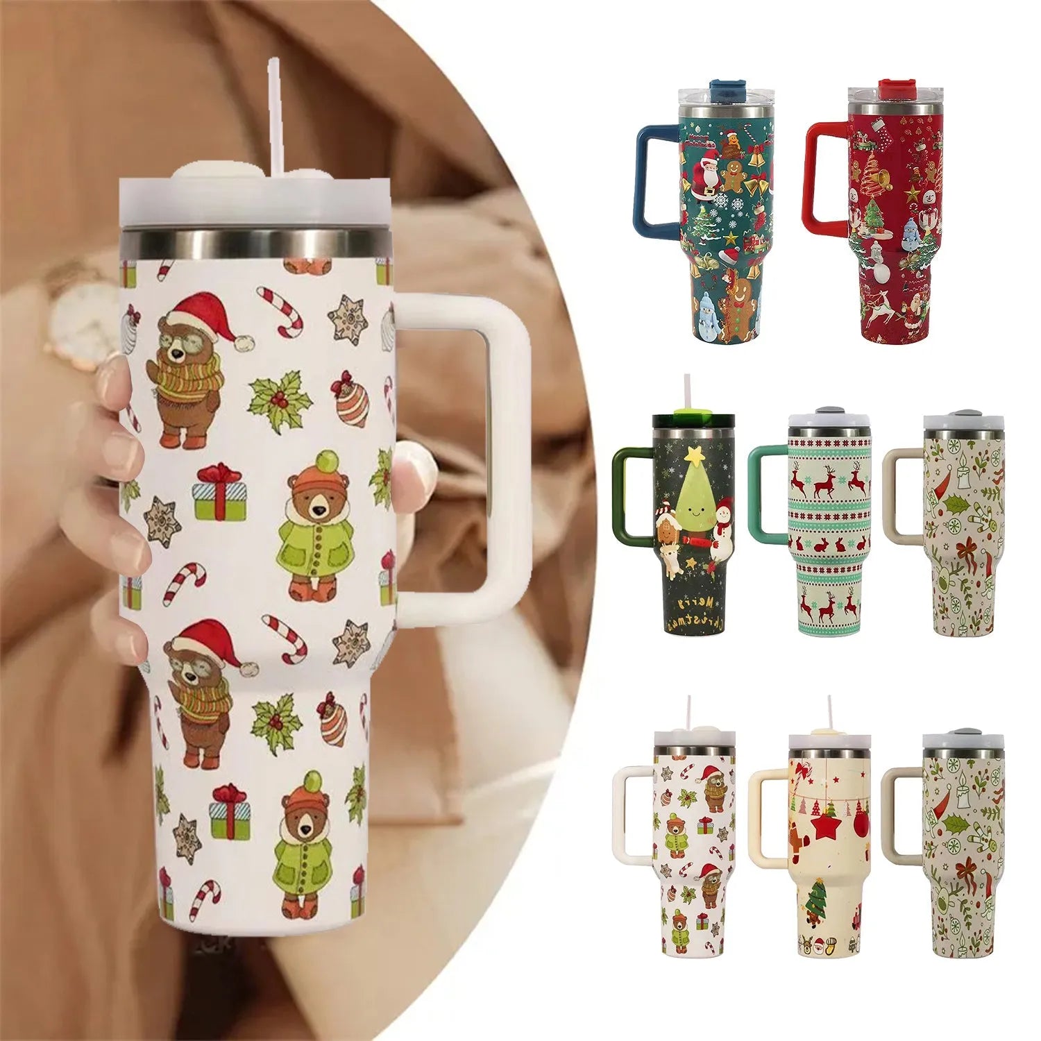 Red stainless steel travel tumbler with handle, straw and Christmas pattern decoration showing 1200ml capacity markings