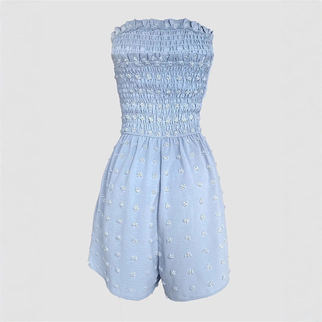 Solid colour off-shoulder sleeveless women's jumpsuit on a hanger, showing button detail and mid-waist design.