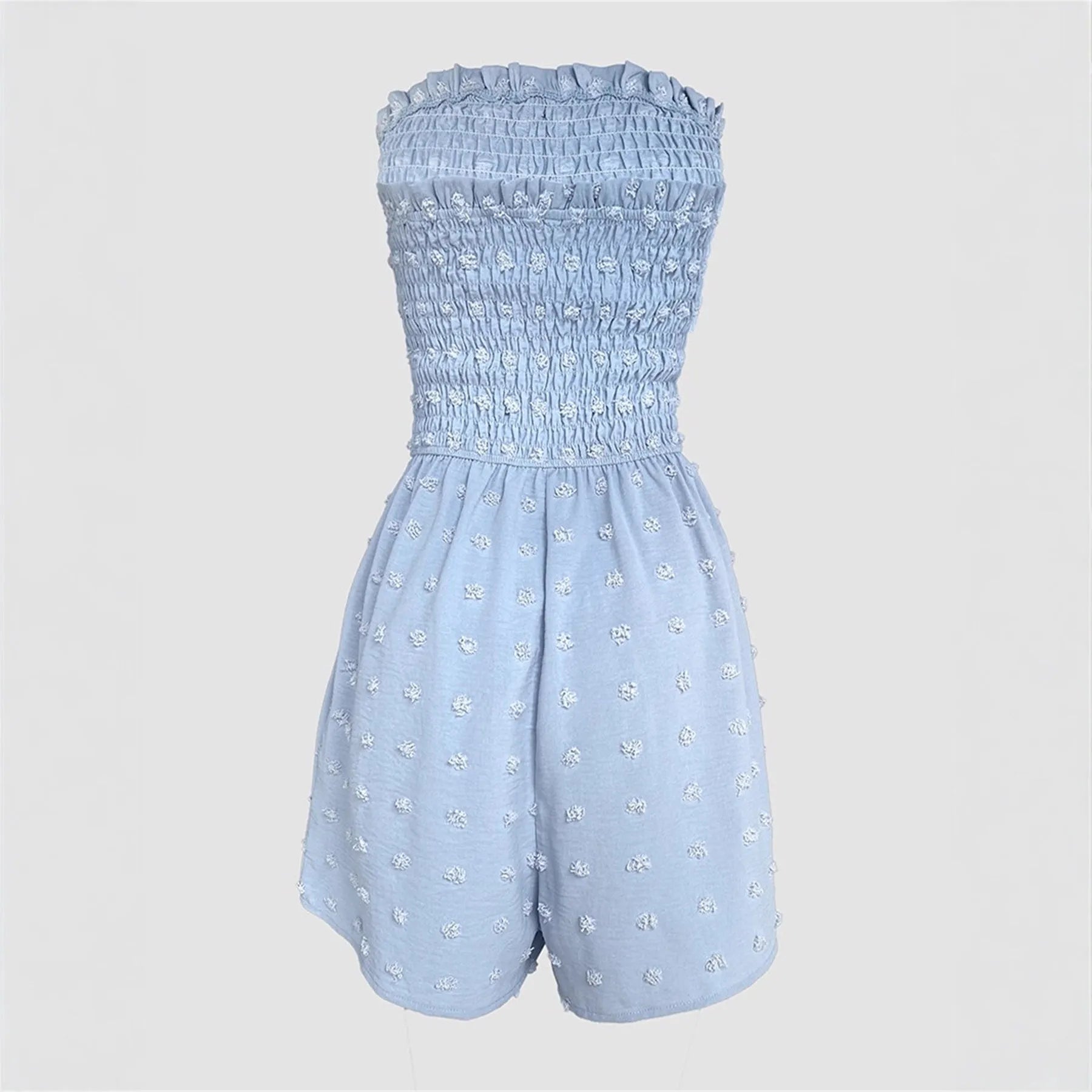 Solid colour off-shoulder sleeveless women's jumpsuit on a hanger, showing button detail and mid-waist design.