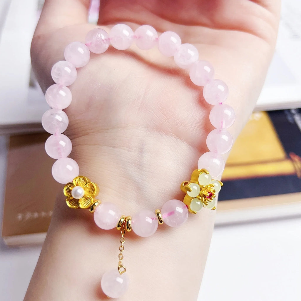 NAFU pink crystal peach blossom bracelet for women, handcrafted natural stone jewellery.