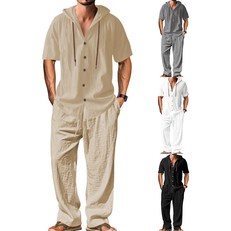 Men's casual cotton sports suit set with long sleeve top and trousers on a hanger.