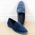 Blue artificial PU leisure loafers with a black rubber sole and round toe, shown on a white background.