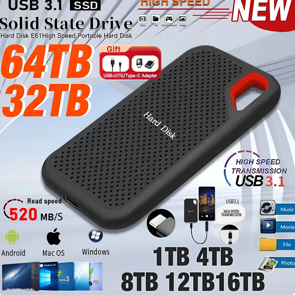 Black external SSD mobile solid state drive with USB Type-C 3.1 interface
