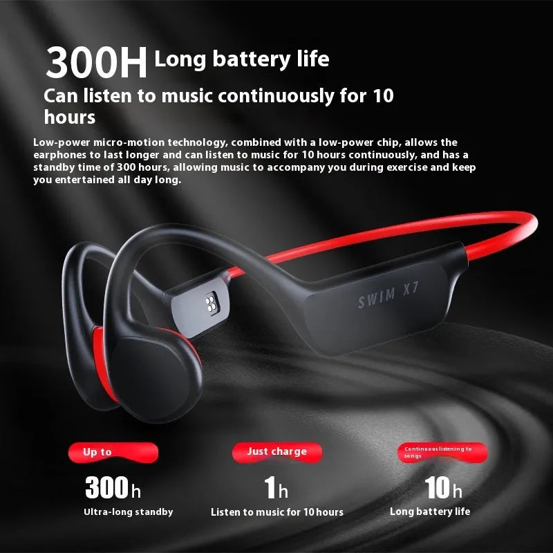 Bone conduction Bluetooth headset in black and red with ear-hook design for sports and waterproof use