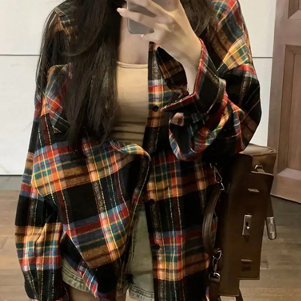Women's casual loose retro cotton plaid shirt in black, green, or purple