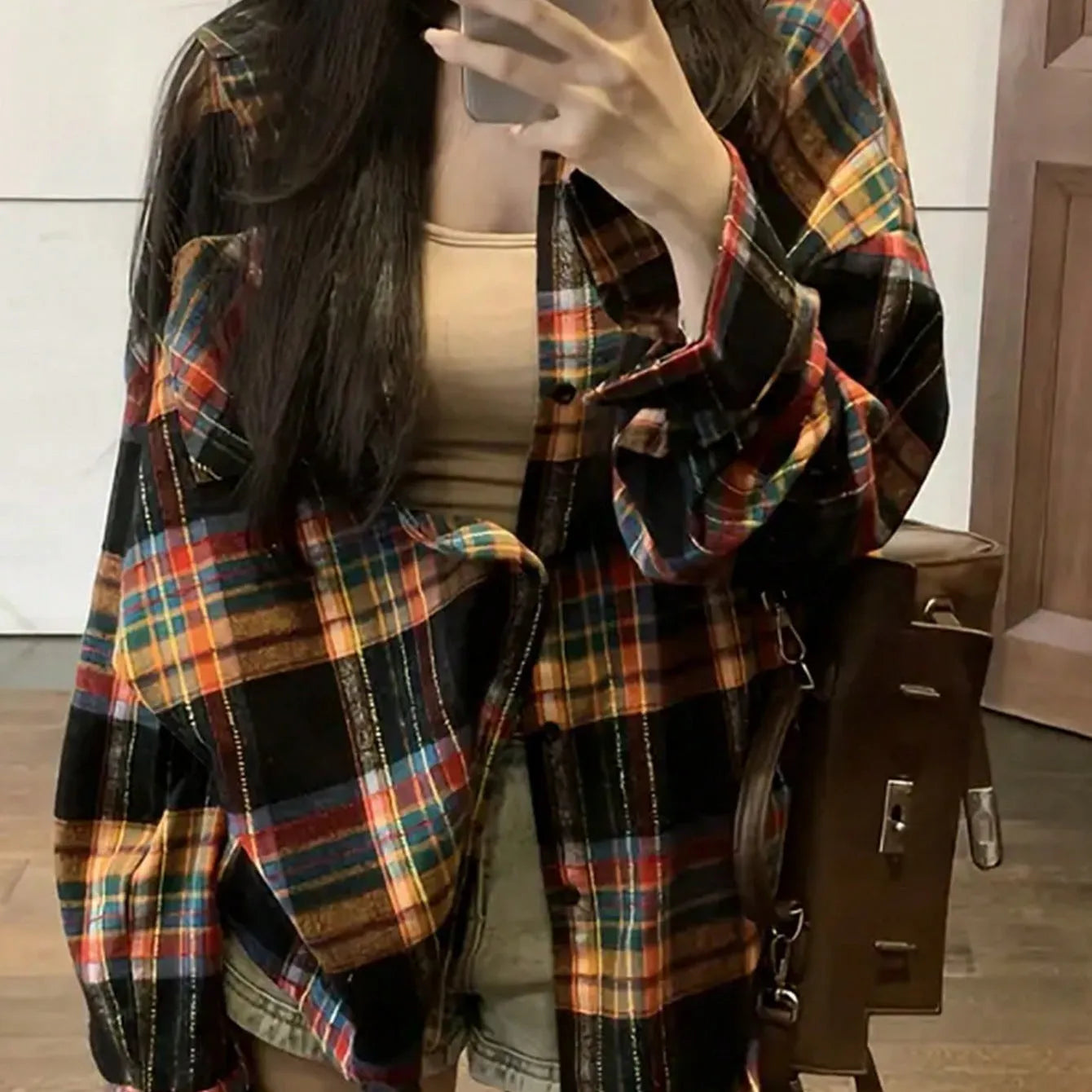 Women's casual loose retro cotton plaid shirt in black, green, or purple