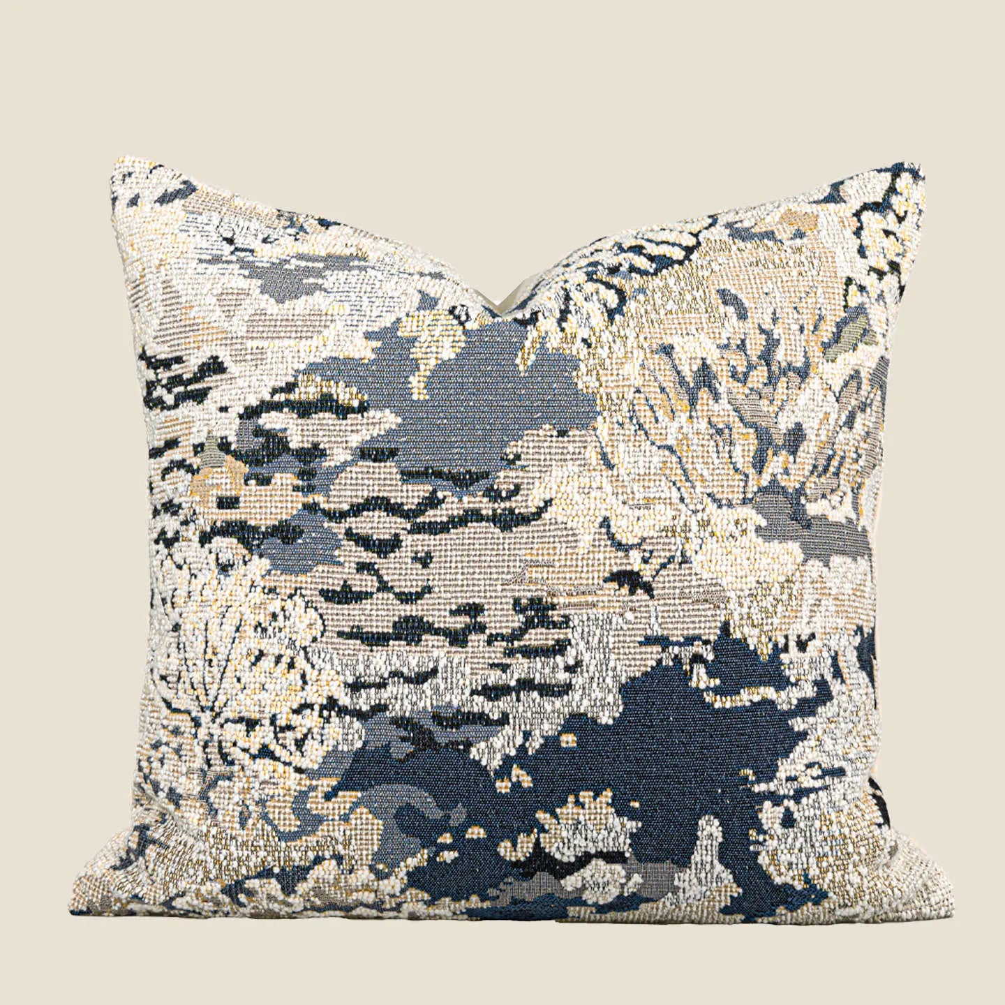 Antique blue wool blend decorative cushion with abstract flower and plant pattern, shown in square and rectangular sizes.