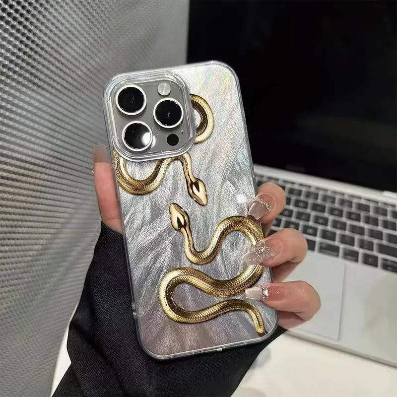 Gold snake design hard PC phone case for iPhone 16 Plus with white base and cartoon style