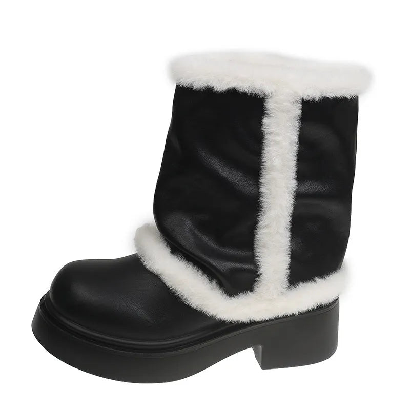 Women's winter faux fur lined short ankle booties with thick bottom and plush trim in black and brown