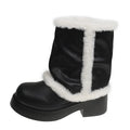 Women's winter faux fur lined short ankle booties with thick bottom and plush trim in black and brown