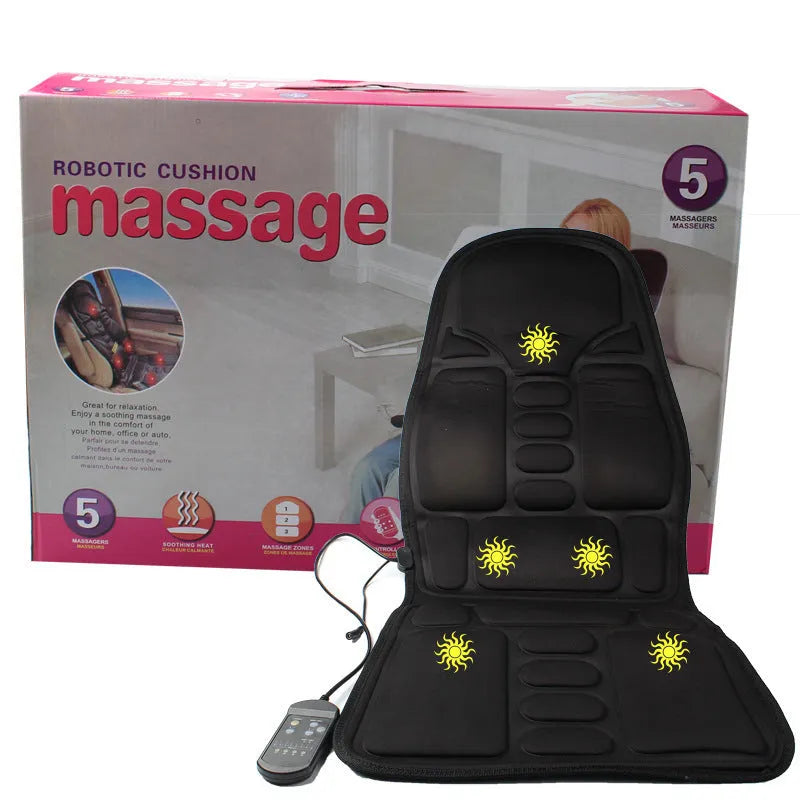 Black heating massage mat seat cushion with infrared physiotherapy function and adjustable speed control