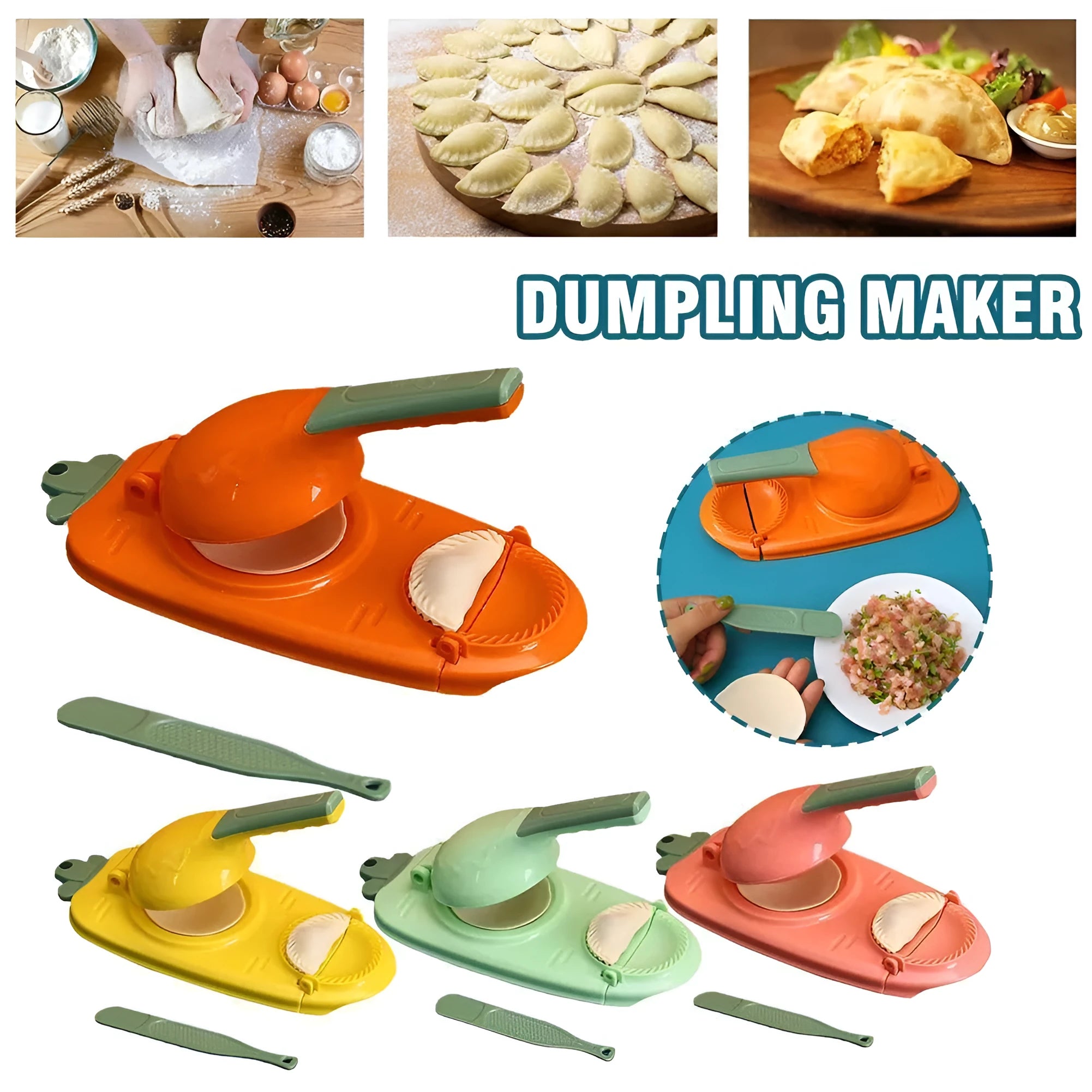 Orange and white plastic dumpling maker tool with ergonomic handle and hanging hole
