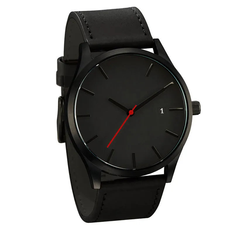 Men's casual quartz watch with black dial and black matte leather strap showing 10 o'clock and 2 o'clock positions
