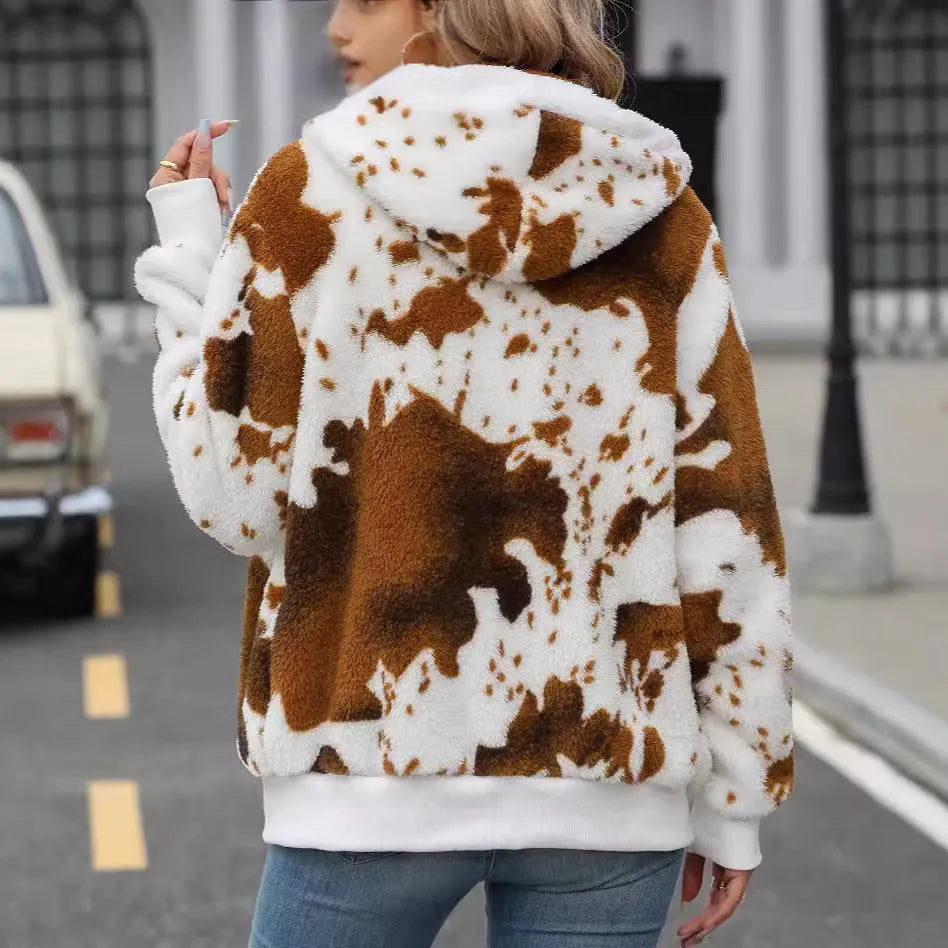 Yellow and brown cow print animal pattern hooded zip-up cardigan jacket for streetwear