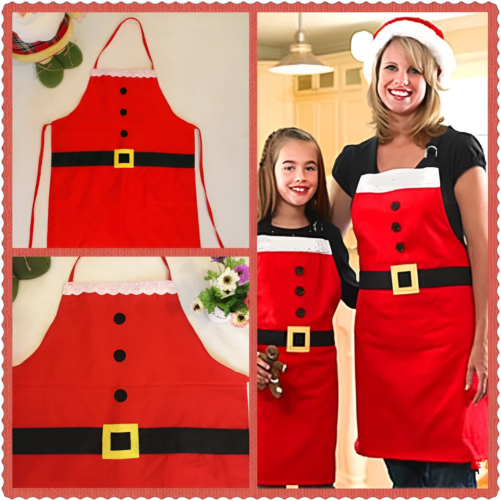 Red Christmas apron polyester adult and children's sizes kitchen baking protection