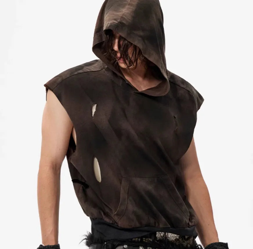 Khaki coloured short hood vest made of cotton fabric for teenagers, shown in size L.