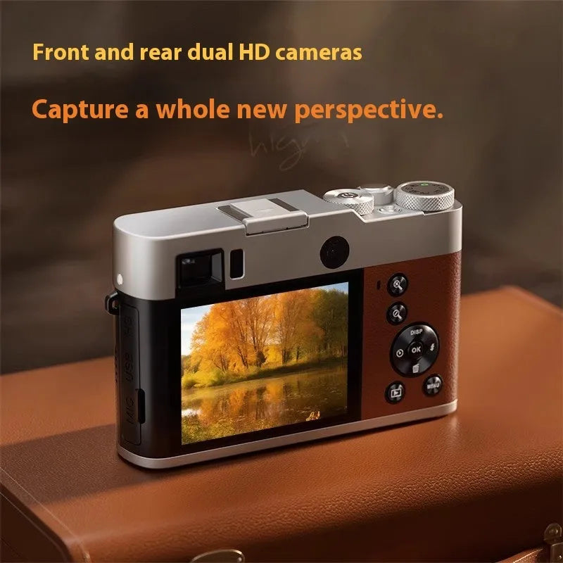 Black and brown 5K digital camera with dual lenses and an optical viewfinder on a 2.88-inch screen.