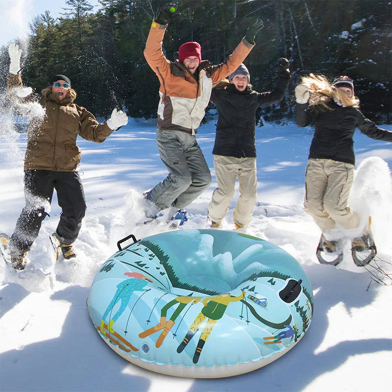 Colourful thick PVC ski ring toy with printed winter design for children's play.