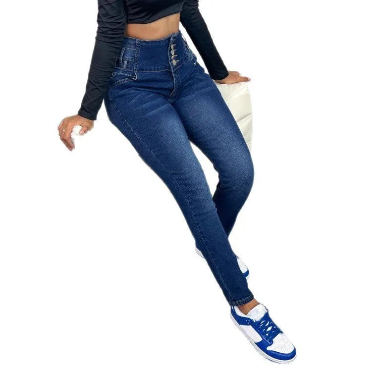 Dark blue women's straight-leg denim trousers with breasted zip and button front fastening.