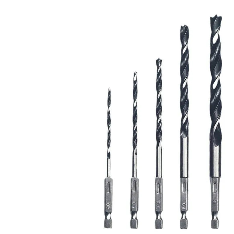 Woodworking twist punch drilling bit set with steel bits and hexagonal handle, five pieces on a dark background