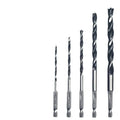 Woodworking twist punch drilling bit set with steel bits and hexagonal handle, five pieces on a dark background