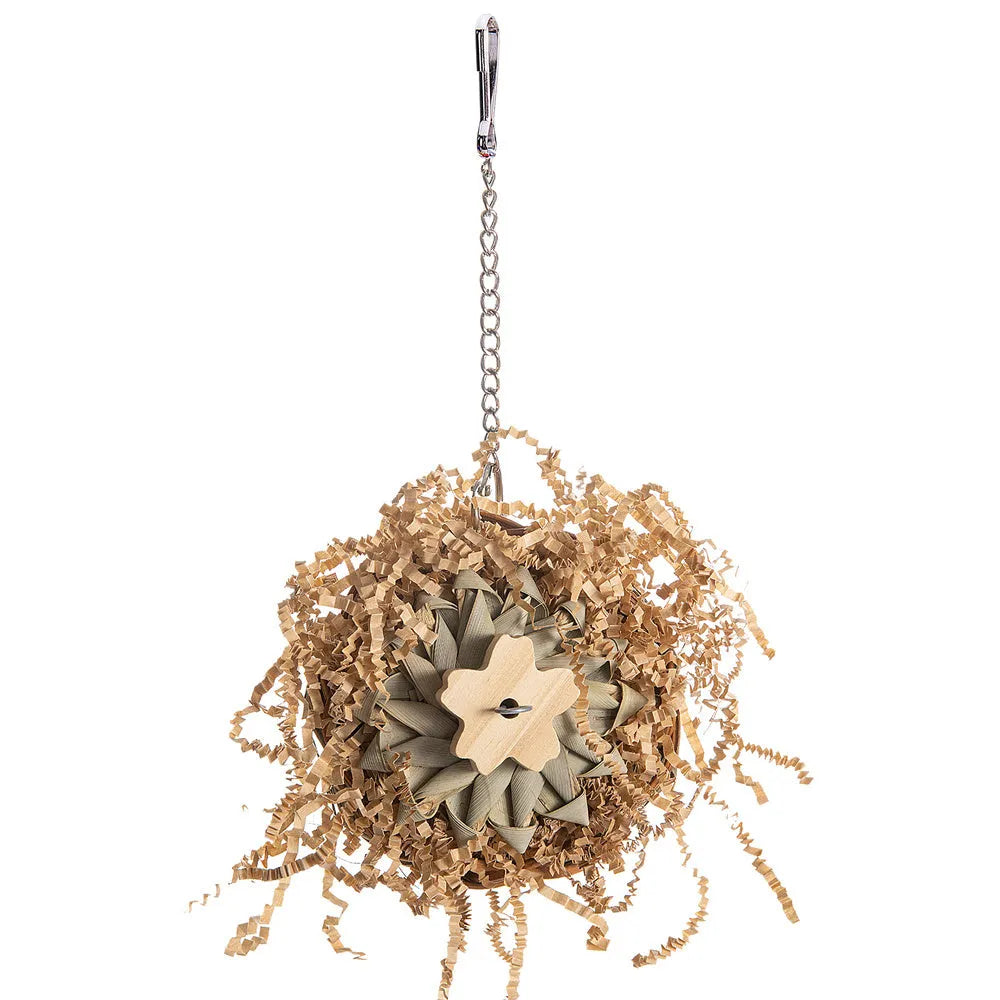 Parrot gnawing molar toy with wooden chewing pieces and plastic components for bird enrichment