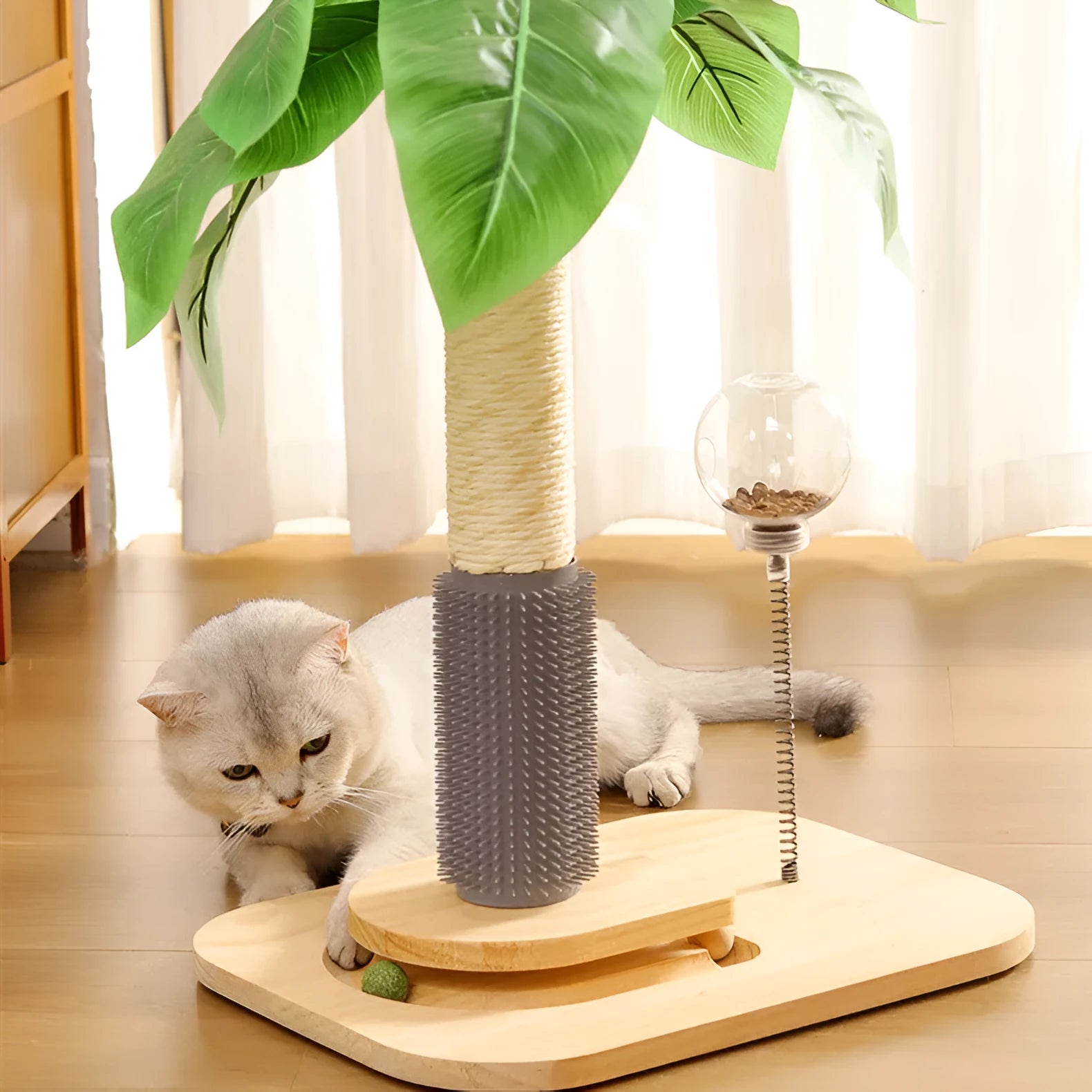 Vertical wooden cat scratching post with tan sisal rope in a simple Canna colour design.