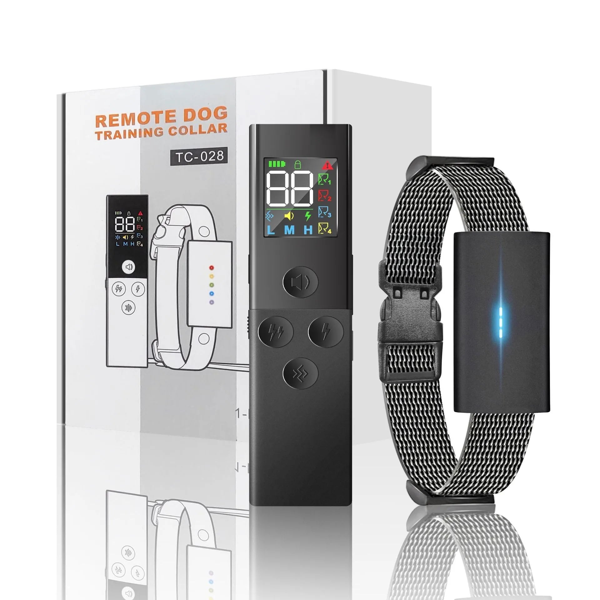 Wireless bark stopper dog training system with remote control and receiver collar, featuring colour screen display