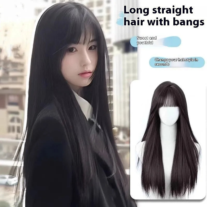 Long straight black synthetic wig with full blunt bangs on a wig stand.
