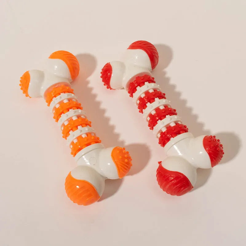 Blue bone-shaped interactive dog toy with chewable ends and centre treat holder for small breeds
