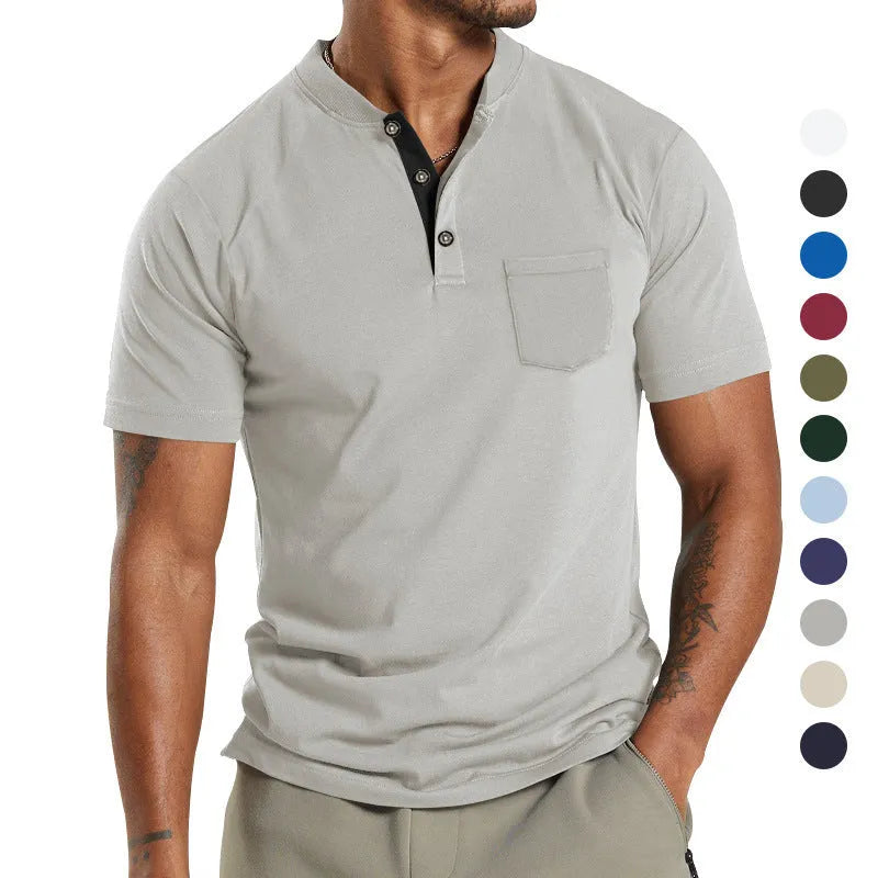 Plus size man wearing a solid colour short sleeve polyester shirt with a chest pocket.