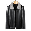 Business casual men's leather jacket in solid black colour, front view, size M to 4XL