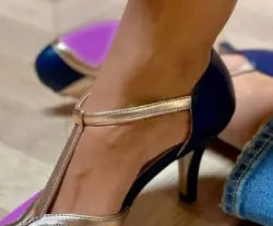 Round toe women's high heel shoes with a button fastening, shown in light blue pink colour.