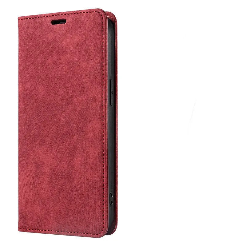 Magnetic leather flip phone case for iPhone in grey, showing front cover closed.