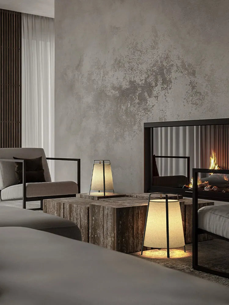 Japanese wabi-sabi floor lamp with cloth shade, iron frame, LED light, 220V push-button switch, 5-10㎡ area.