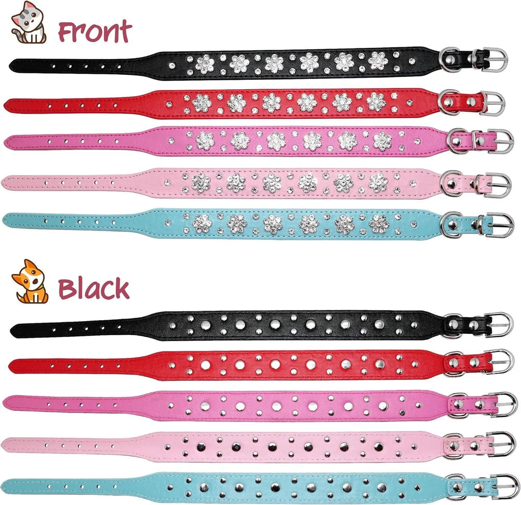 PU leather dog collar with studded rhinestone flower pattern in colour, showing metal D-ring and adjustable eyelets.